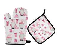 2pcs Oven Mitts And Pot Holders Set Nordic Scandinavian Gnomes Pink Christmas Bbq Gloves Waterproof Kitchen Gloves For Kitchen, Microwave, Baking Barbecue