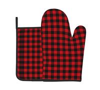 2pcs Oven Mitts And Pot Holders Set Red Black Buffalo Check Plaid Pattern Microwave Mitts Reusable Mitts For Grilling For Grilling, Grill, Cooking