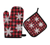2pcs Oven Mitts And Pot Holders Set Red Buffalo Plaid Snowflakes Winter Christmas Xmas Mitts For Grilling Heat Resistant Kitchen Gloves For Cooking, Baking Barbecue, Kitchen