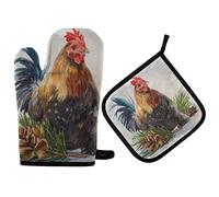 2pcs Oven Mitts And Pot Holders Set Watercolor Rooster Retro Cock Mitts For Grilling Durable Kitchen Gloves For Grilling, Baking Barbecue, Cooking
