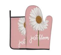 2Pcs Oven Mitts And Pot Holders White Flower With Words Just On Pink 1 Pcs Oven Mitts With 1 Pcs Pot Holders Heat Resistant Durable Kitchen Potholders, For Kitchens, Grilling, Cooking