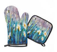 2Pcs Oven Mitts And Pot Holders Wild Flowers Blue Field Oven Gloves Waterproof Soft Cotton Lining Bbq Gloves, For Microwave, Kitchens, Grilling