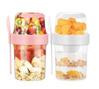 2Pcs Overnight Oats Container, 870ML Yogurt Pots Reusable Salad Cups with Lid Spoon Breakfast Jar Breakfast Pot Muesli Cup for Salads Fruit Cereal Milk Porridge (Pink + White)
