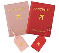 2PCS Passport Cover and Luggage Tag Sets with Adjustable Strap, Jagowa PU Leather Travel Accessories for Preventing Loss of Suitcase and Backpack (Red, Pink)