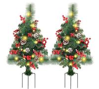 2Pcs Pathway Christmas Trees 24 Inch Pre-Lit Artificial Christmas Tree with 40 LED Lights, Red Berries, Pinecones, Outdoor Christmas Tree for Porch Xmas Holiday Decor, Christmas Tree