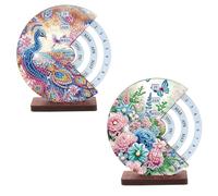 2pcs Peacock DIY Diamond Art Wooden Round Rotatable Calendar for Home Office (SR008 SR018)