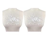2pcs Pearl Flower Embroidery Lace Patches 3D White Floral Embroidered Sew on Appliques for Wedding Dress Gown Headpiece