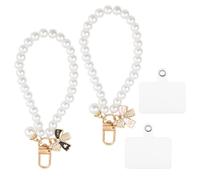 2pcs Pearl Phone Charms for Women, Bow Wrist Strap with Plastic Gasket Butterfly Beaded Wrist Lanyard Stylish Pearl Chain Keychain for Most Phone