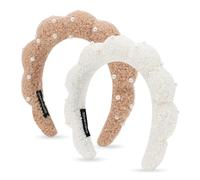 2pcs Pearl Skincare Headbands For Washing Face White Khaki Fluffy Spa Headbands Makeup Headband Face Wash Puffy Sponge Bubble Headband Hair For Women Kids Teens Gifts