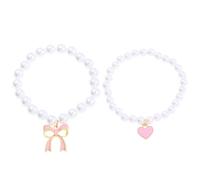 2Pcs Pearl Strand Bracelet Pink Heart Beaded Stretch Bracelet Pearl Bow Bracelets Bowknot Pink Bow Tie Bracelets for Women Birthday BFF Gift, Middle, Resin, no gemstone
