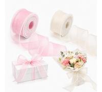 2Pcs Pearl Trim Organza Chiffon Ribbon for Gift Wrapping, White Pink Ribbon | 4cm x 4.5m, Faux Pearl Edge Chiffon Ribbons for Valentine's Day Gift Wrapping, Bows Bouquet Decor, Wedding Bridal DIY Crafts