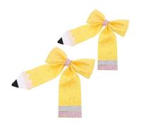 2pcs Pencil Bowknot Hair Clips for School Season Yellow | Artificial Leather, Sequin Bow Detail, Spring Clip Hold, Easy Wipe-clean Finish, for Buns and Ponytails