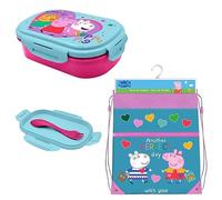 2Pcs Peppa Pig Back to School Travelling Set | 20cm Dual Compartment with Spork | 40cm Drawstring Gym Bag with Outside Zipper Pocket, Adjustable Straps, BPA Free Snack Box for Kids 3+ Years