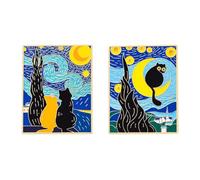 2pcs Personalized Cartoon Oil Painting Brooch - Van Gogh Starry Sky Black Cat Badge for Bags - Eco-Friendly Alloy Accessories