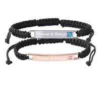 2Pcs Personalized Couple Bracelets Custom with Name Text Date Engraved Couple Braided Bracelets Gift for Anniversary Birthday Family Lover Friends Brother Sisters (Black)