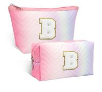 2PCS Personalized Initial Cosmetic Bag for Girls, Travel Makeup Bag, Birthday Gifts for Women, Quilted Waterproof Organizer for Toiletries (B)