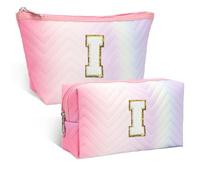 2PCS Personalized Initial Cosmetic Bag for Girls, Travel Makeup Bag for Girls, Birthday Gifts for Women, Quilted Waterproof Organizer for Toiletries, Cosmetics and Accessories.(I)