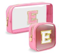 2pcs Personalized Initial Letter Clear Makeup Bag | Waterproof Nylon Preppy Cosmetic Bag | Travel Toiletry Bag | Monogrammed Gifts for Women Girl | Wedding Bridal Shower Gifts for Bridesmaids, Pink, E