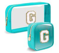 2pcs Personalized Initial Letter Clear Makeup Bag | Waterproof Nylon Preppy Cosmetic Bag | Travel Toiletry Bag | Monogrammed Gifts for Women Girl | Wedding Bridal Shower Gifts for Bridesmaids, Blue, G