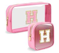 2pcs Personalized Initial Letter Clear Makeup Bag | Waterproof Nylon Preppy Cosmetic Bag | Travel Toiletry Bag | Monogrammed Gifts for Women Girl | Wedding Bridal Shower Gifts for Bridesmaids, Pink, H