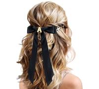 2Pcs Personalized Satin Hair Bows & Ribbon Set - Black & Beige Hair Clips for Women, Girls, Kids | Cute Hair Accessories for Wedding, Birthday, Christmas, Valentine’s Day Gifts -A