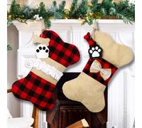 2Pcs Pet Dog Christmas Stockings, Burlap Plaid Large Bone Shape Pets Stockings, Classic Hanging Stockings