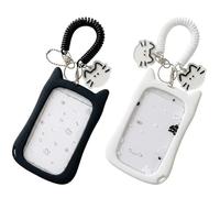 2Pcs Photocard Holder Keychain Cute Clear Silicone ID Card Holder with Retractable Spring Lanyard, Cat Ear Design Frame with Cat Charm Card Holder for Lanyard Students Teachers Staff