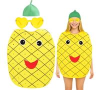 2Pcs Pineapple Costume for Adults, Funny Fruit Cosplay Outfit with Yellow Outfit and Green Leaf Hat, Halloween Costumes Adult Women, Adult Fancy Dress for Halloween, Role Play, Holiday, Festival