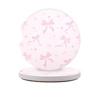 2pcs Pink Bow Car Coasters, Cute Pink Cup Holder Absorbent Cork Base Ceramic Coasters with Finger Notch Stylish Car Insert Accessories Interior Essentials Decor Decorations for Women Girly
