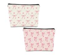 2PCS Pink Bow Makeup Bag for Women Girls, Pink Lovely Heart and Bow Preppy Make up Pouch with Zipper, Stylish and Cute Coquette Makeup Bags,Travel Toiletry Bag Gifts for Women Teens Girls (Printing)