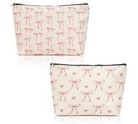 2Pcs Pink Bow Makeup Bag, Pink Lovely Heart and Bow Preppy Makeup Pouch with Zipper, Cute Cotton Cosmetic Bags, Travel Toiletry Organizer for Women Teens Girls