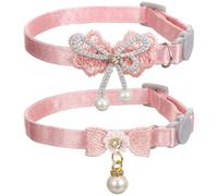 2Pcs Pink Cat Collar Breakaway, Adjustable Cute Cat Collar with Pearl Pendant, Girl Cats Collars with Safety Buckle Pink Bowtie Kitten Collars for Girl Cats