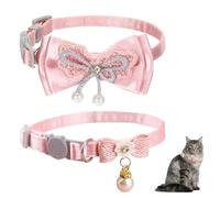 2PCS Pink Cat Collar with Bow, 8-12inch Adorable Kitten Collars with Pearl, Lace Bow Beads Cat Collar for Boy & Girl Cats and Small Dogs
