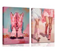 2Pcs Pink Cowgirl Boots Poster, Retro Western Funky Canvas Prints Cowboy Boots Pictures, Trendy women Aesthetic Wall Art Preppy Girl Room Decor Framed(12x16in Framed, pink)