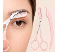2PCS Pink Eyebrow Trimmer Set with Comb Scissors and Razor, Stainless Steel Brow Grooming Tool for Precision Eyebrow Shaping and Facial Hair Removal