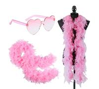2pcs Pink Feather Boas & Heart Rimless Sunglasses Set, 6.6ft/2M Natural Turkey Feathers Scarf 80g Fluffy Feather Boa Fancy Dress for Girls Women Dancing Halloween Xmas Party Costume