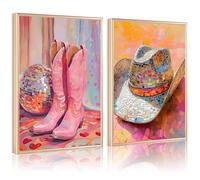 2pcs Pink Funky Disco Ball Cowboy Hat Posters Prints Gorgeous Women Boots Canvas Wall Decor Western Preppy Style Paintings Artwork for Girls Bedroom Dorm Bachelorette Party Gifts 16*24 Inch Unframed