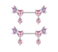 2Pcs Pink Heart Nipple Rings for Women 14G 16mm Surgical Stainless Steel Rhinestone Love Heart Cubic Zirconia Butterfly Wing Dangling Nipple Shield Studs Birthday Body Piercing Jewelry Gifts