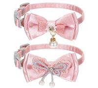 2PCS Pink Kitten Collar with Bow, Adorable Cat Collars, Pink Cat Bows & Accessories with Pearl Pendant for Girl Cats, Adjustable Breakaway Safety Kitten Bowtie Collar