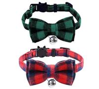 2PCS Plaid Cat Collars Quick Release Kitten Collar Bow Tie Safety Cat Bowtie Collars Christmas Cat Bow Collar With Bell Soft Tartan Collar Adjustable Pet Collars For Kitten Puppy Green and Red