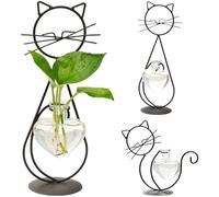 2PCS Plant Stand with Heart Shaped Glass Planter Vase Iron Hanger Cat Decor Modern Creative Cat Plant Holder for Hydroponics Plants Home Garden Wedding Decor