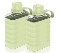 2Pcs Plastic Flat Water Bottle Lightweight Clear Small Flask with Silicone Sleeve Portable Slim Travel Liquor Flask 240ML Pocket Drinking Bottles for Gym Work Travel (Green)