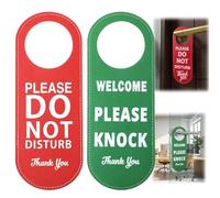 2pcs Please Do Not Disturb Sign and Welcome Please Knock Sign,Double-Sided Red/Green PU Leather Door Hanger for Office, Meeting Room, Hotel, Restroom - In a Meeting, Recording, Busy Office Door Sign