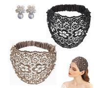 2pcs Plum Blossom Hollow Beaded Wide Headband, Elegant Non Slip Thick Wide Headbands, Lace Headwraps Floral Beaded Wide, Boho-Chic Crystal & Pearl Embellished Wide Headbands (Black＋Coffee)