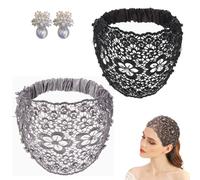 2pcs Plum Blossom Hollow Beaded Wide Headband, Elegant Non Slip Thick Wide Headbands, Lace Headwraps Floral Beaded Wide, Boho-Chic Crystal & Pearl Embellished Wide Headbands (Black＋Gray)
