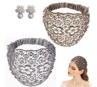 2pcs Plum Blossom Hollow Beaded Wide Headband, Elegant Non Slip Thick Wide Headbands, Lace Headwraps Floral Beaded Wide, Boho-Chic Crystal & Pearl Embellished Wide Headbands (Coffee＋Gray)