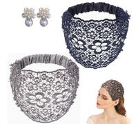 2pcs Plum Blossom Hollow Beaded Wide Headband, Elegant Non Slip Thick Wide Headbands, Lace Headwraps Floral Beaded Wide, Boho-Chic Crystal & Pearl Embellished Wide Headbands (Blue＋Gray)