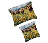 2Pcs Pocket Cosmetic Bag for Purses, Leather Small Makeup Bag Cosmetic Pouch, Portable No Zipper Makeup Pouch Coin Purse Jewelry Pouch, Highland Cows Sunflower, Multicolor 1, Small and Large, Art Deco