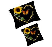 2Pcs Pocket Cosmetic Bag for Purses, Leather Small Makeup Bag Cosmetic Pouch, Portable No Zipper Makeup Pouch Coin Purse Jewelry Pouch, Hearts Shaped Sunflower, Multicolor 1, Small and Large, Art Deco