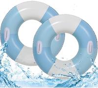 2PCS Pool Tubes Retro Striped Swim Rings Pool Rafts Vintage Gradient Blue Stripe Circle Floaty Swimming Pool Tubes for Adults Teens Summer Beach Party (JB-Blue)